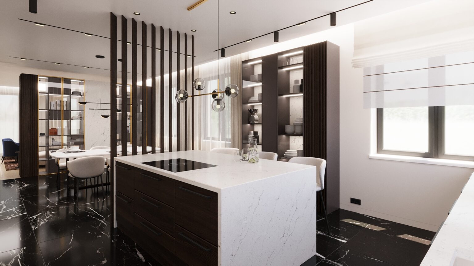 Nowoczesna wyspa kuchenna z płytą indukcyjną i przestronnym blatem