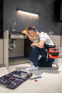 man-kneeling-down-touching-sink-inspecting-pipes - POLBUD Grzegorz Kosiorek